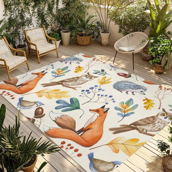 Fall Leaves Outdoor Rug 4x6 Ft - Reversible Patio Rug Outdoor Camping Rugs, Autumn Thanksgiving Fox Hedgehog Owl Retro Washable Indoor Outdoor Area Rugs, Non-Slip Outdoor Carpet Runner for Deck/Porch