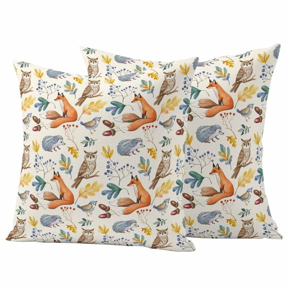 Fall Leaves Outdoor Waterproof Pillow Covers, Autumn Thanksgiving Fox Hedgehog Owl Retro Decorative Square Throw Pillowcase Sofa Cushion Sham for Patio/Couch/Chair, 20"x20" 2 Pack