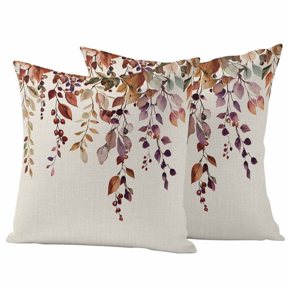 Fall Leaves Outdoor Waterproof Pillow Covers, Vintage Rustic Watercolor Leaf Plants Decorative Square Throw Pillowcase Sofa Cushion Sham for Patio/Couch/Chair, 18"x18" 2 Pack