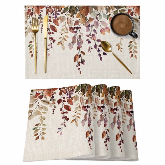 Fall Leaves Placemats Set of 12, Vintage Rustic Watercolor Leaf Plants Placemats for Dining Table, Place Mats for Kitchen Tabletop, Waterproof Wipeable Dining Table Mats Set