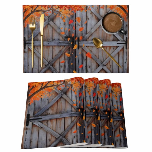 Fall Leaves Placemats Set of 6 Autumn Maple Rustic Wooden Barn Door Place Mats Indoor Wipeable Table Mats Washable Cloth Dining Table Placemats for Kitchen Holiday Party Home Decor 13x19 Inch