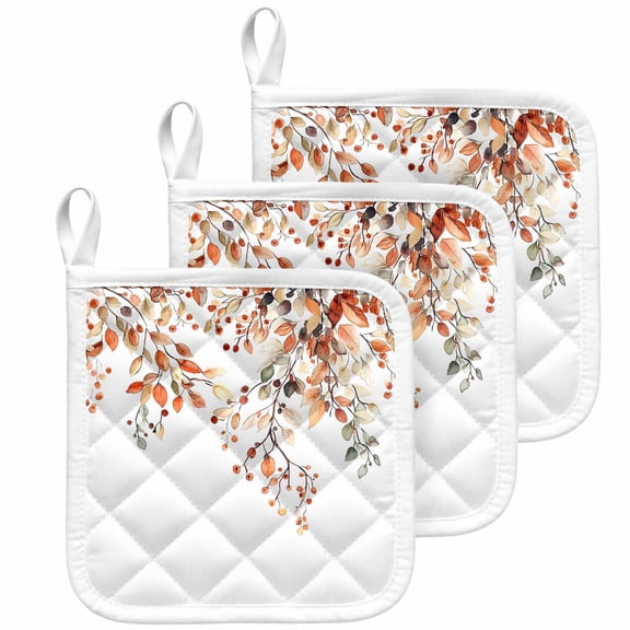 Fall Leaves Pot Holders for Kitchen Heatproof Potholder, 3 Pack Farmhouse Orange Eucalyptus Leaf Floral Hot Pads Multipurpose Oven Pads Cloth Potholders Trivet for Cooking Baking