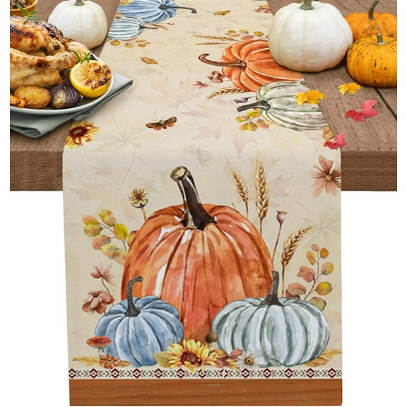 Fall Leaves Pumpkin Cotton Linen Table Runner 108inches Long, Thanksgiving Farmhouse, Burlap Table Cloth Dresser Scarves for Farmhouse Dining Room Coffee Holiday Party Wedding Events Machine Washable