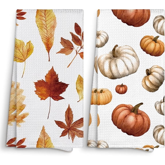 Fall Leaves Pumpkin Kitchen Towels Decorative 16x24 Set of 2 | Rustic Farmhouse Autumn Seasonal Dish Towels Cloths Dishcloths Tea Towel Gifts, Cottagecore Bathroom Kitchen Hand Towel Decor