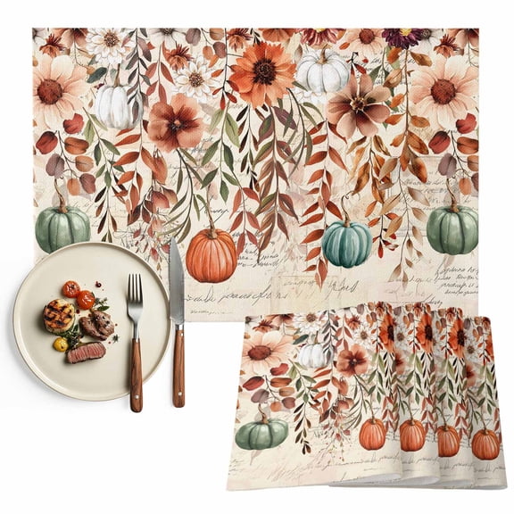 Fall Leaves Pumpkin Placemats Set of 1 Flowers Farmhouse Heat Insulated Linen Place Mats, Washable Stain-Proof Table Mats for Dining Tables Holiday Decor 13x19inch