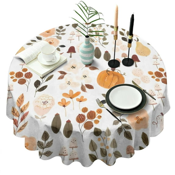 Fall Leaves Pumpkin Round Tablecloth 60" X 60",Wrinkle Wipeable Table Cloth for Kitchen Dining Room Picnic Patio Party