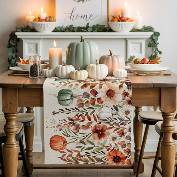 Fall Leaves Pumpkin Table Runner, Autumn Thanksgiving Kitchen Dining Table Decoration for Home Party Decor 13x90 Inches