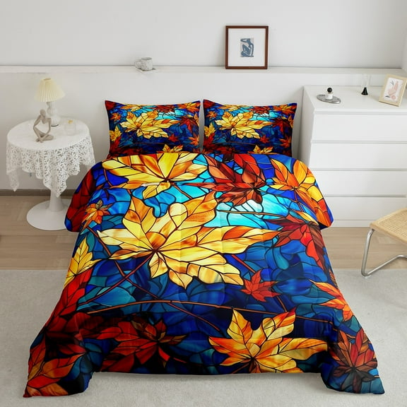 Fall Leaves Queen Comforter Set,Watercolor Decor Down Comforter Colourful Leaves Bedding Set Teens Bedroom Decor