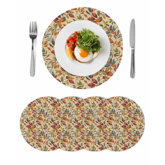 Fall Leaves Round 13 Inch Placemats Set of 4, Farmhouse Beige Botanical Leaf Autumn HeatResistant Non Slip Place Mats for Dining Table, Wipeable Braided Kitchen Table Mats for Housewarming