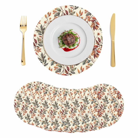 Fall Leaves Round 15 Inch Placemats Set of 8, Farmhouse Beige Botanical Branch HeatResistant Non Slip Place Mats for Dining Table, Wipeable Braided Kitchen Table Mats for Housewarming