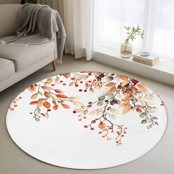 Fall Leaves Round Area Rug 3.3 FT, Non Slip Small Entryway Kitchen Mat, Farmhouse Orange Eucalyptus Leaf Floral Washable Soft Circular Rug Non-Shedding Door Mat for Bathroom Playroom Kids Room