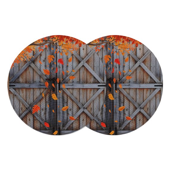 Fall Leaves Round Placemats Set of 2 Autumn Maple Rustic Wooden Barn Door Place Mats Indoor Woven Table Mats Washable Heat-Resistance Braided Dining Table Placemats for Kitchen Party Decor 13 Inch