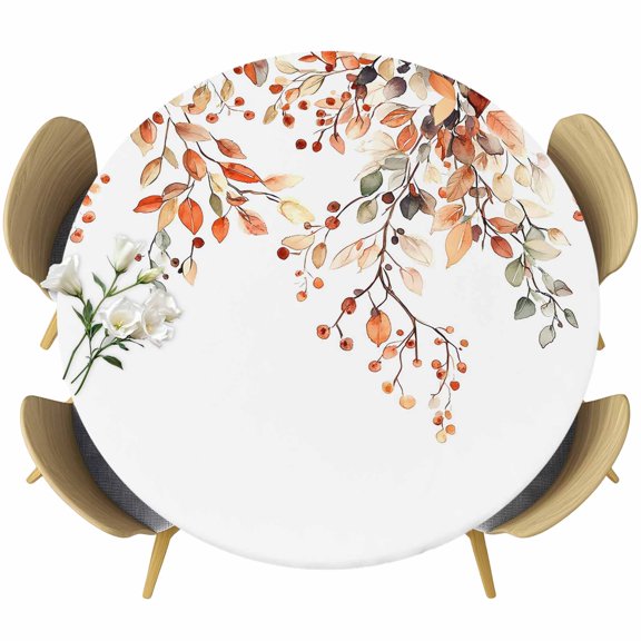 Fall Leaves Round Tablecloth 36-44 Inch Round Fitted Table Cloth with Elastic Edge, Farmhouse Orange Eucalyptus Leaf Floral Waterproof Table Cover Protector for Outdoor Picnic Party Dining