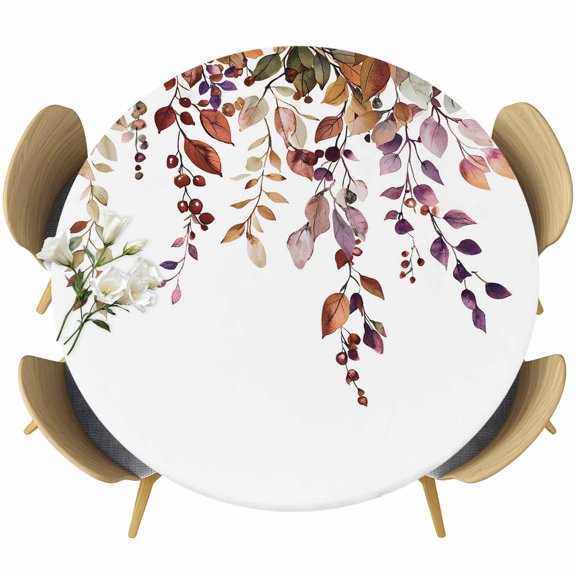 Fall Leaves Round Tablecloth 36-44 Inch Round Fitted Table Cloth with Elastic Edge, Farmhouse Watercolor Leaf Fruit Berry Plant Waterproof Table Cover Protector for Outdoor Picnic Party Dining