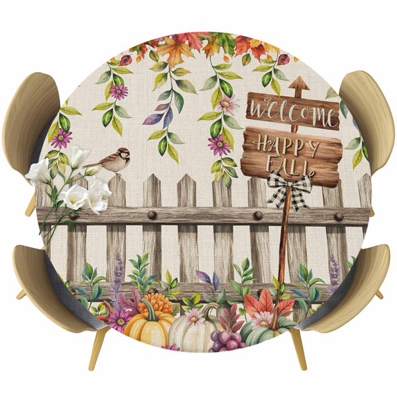 Fall Leaves Round Tablecloth, Fitted Table Cover with Elastic for 45"-54" Round Tables, Thanksgiving Pumpkins Country Wildflowers Rustic Table Cloth Outdoor Dinning Party Waterproof Tablecloths