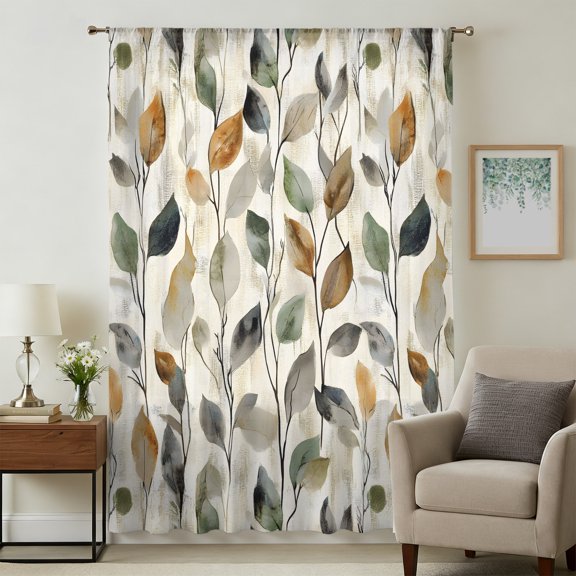 Fall Leaves Sheer Curtains 45 Inches Long for Bedroom, Retro Autumn Botanical Leaf Country Light Filtering Privacy Drapes, Breathable Semi Sheer Short Window Treatment for Kitchen Cafe Bathroom