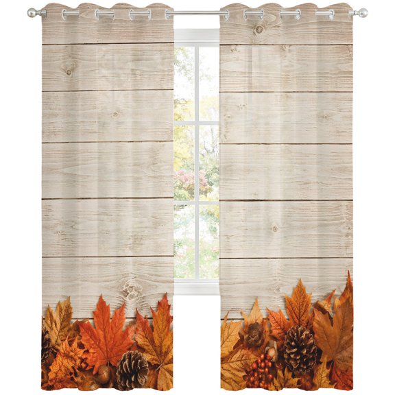 Fall Leaves Sheer Curtains 96 Inch Long 2 Panels, Rustic Orange Maple Oak Leaf Pinecone Wood Grain Light Filtering Semi Sheer Drapes Grommet Voile Window Curtain for Living Bedroom W52 x L96
