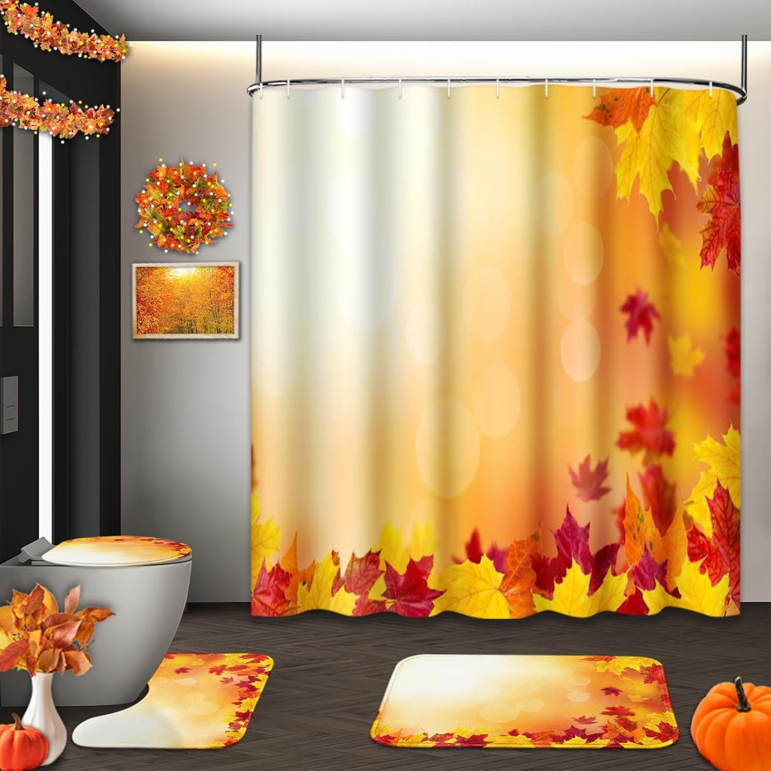 Fall Leaves Shower Curtain Set with Toilet Lid Cover and Non-Slip Rugs ...