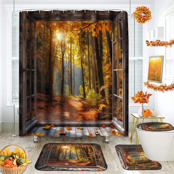 Fall Leaves Shower Curtain Sets with Toilet Lid Cover and Non-Slip Rugs, Pumpkin Farmhouse Buffalo Grid Rustic 4 Pcs Shower Curtains for Bathroom, Autumn Vintage Bathroom Decor Accessories