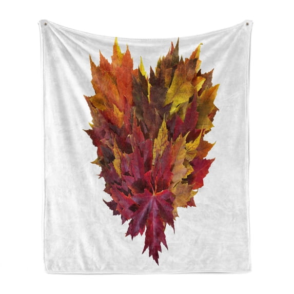 Fall Leaves Soft Flannel Fleece Blanket, Mixed Maple Tree Leaves Gathered in the Form of a Heart Shape Print, Cozy Plush for Indoor and Outdoor Use, 70" x 90", White and Multicolor, by Ambesonne