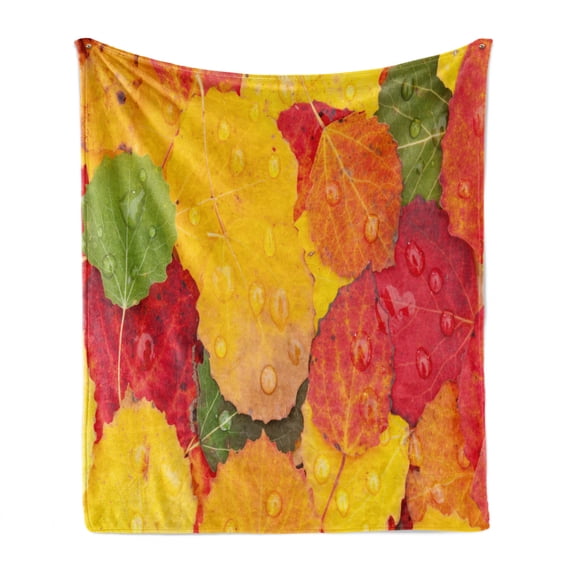 Fall Leaves Soft Flannel Fleece Throw Blanket, Close Overview Shot of Leaves with Raindrops Autumn Seasonal Macro Photo, Cozy Plush for Indoor and Outdoor Use, 60" x 80", Multicolor, by Ambesonne