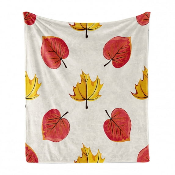 Fall Leaves Soft Flannel Fleece Throw Blanket, Doodle Style Graphical Shapes of Leaves, Cozy Plush for Indoor and Outdoor Use, 50" x 70", White Mustard Dark Coral, by Ambesonne