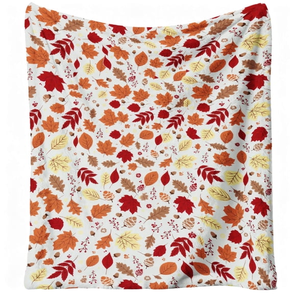 Fall Leaves Soft Fleece Throw Blanket, Red Yellow Brown Beige Colors