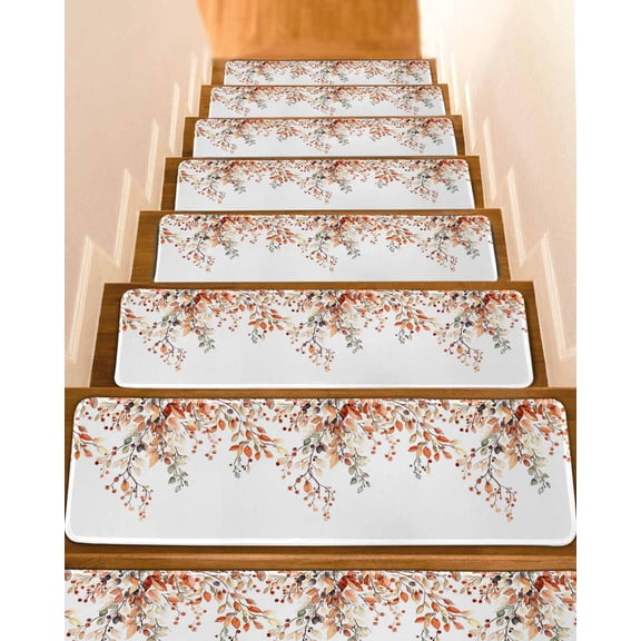 Fall Leaves Stair Treads Non Slip Runners Rugs, 4 Pcs Carpet for Stairs with Adhesive, Farmhouse Orange Eucalyptus Leaf Floral Stair Mats Pads Indoor Stair Treads for Wooden Steps 8"x30"