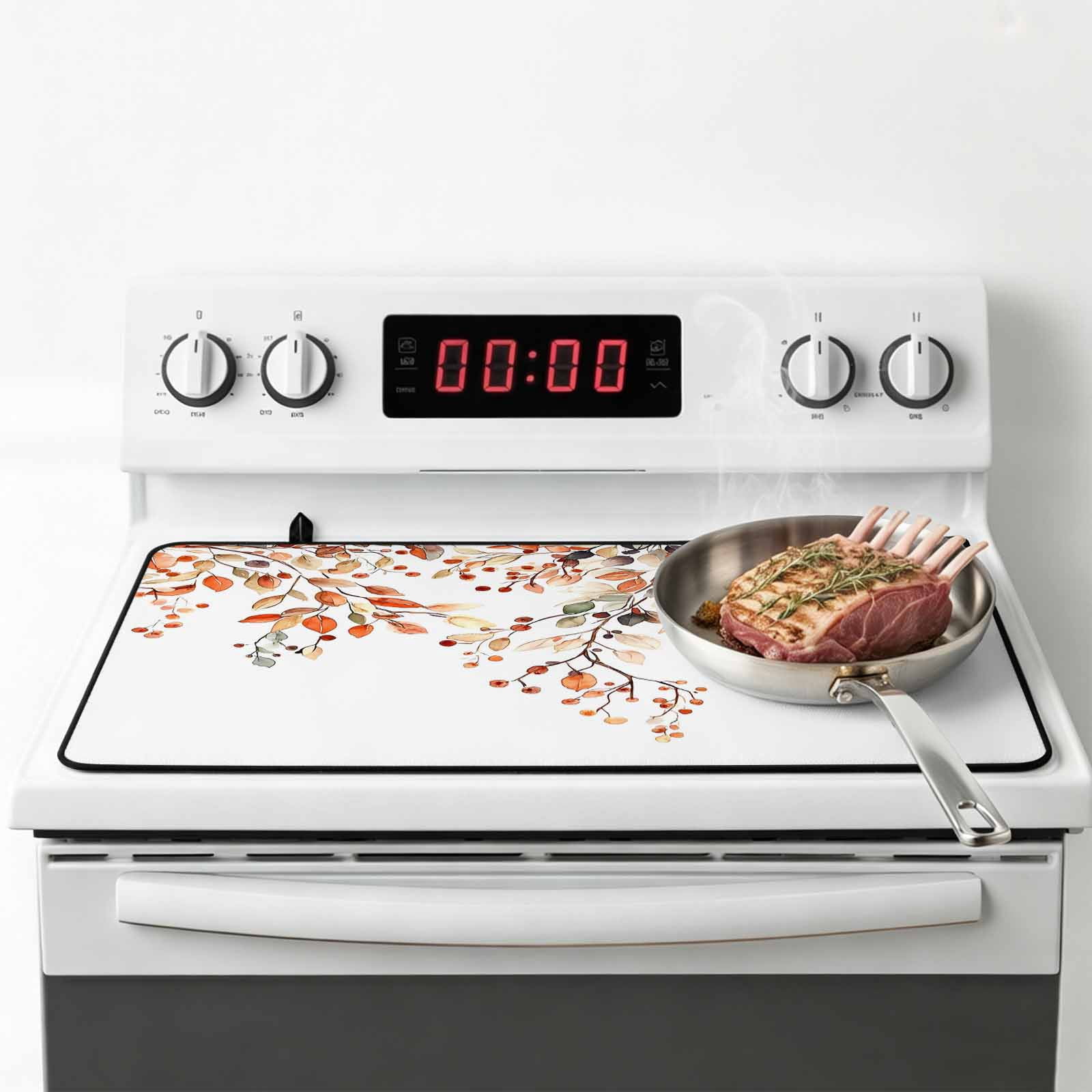Fall Leaves Stove Top Cover for Electric Stove, Heat-proof & Non Slip Glass Top Stove Cover Protector, Farmhouse Orange Eucalyptus Leaf Floral Kitchen Flat Cooktop Rubber Mat 24x21 Inches