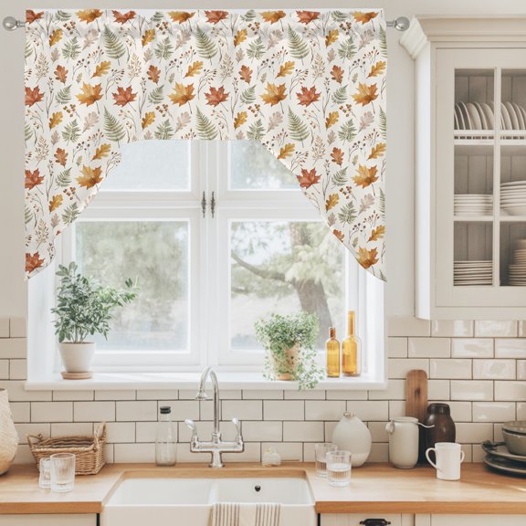 Fall Leaves Swag Valance for Windows, Rustic Farmhouse Orange Maple Oak Fern Frond Leaf Swag Curtains Valances for Small Window Treatment Rod Pocket for Kitchen Bathroom 1 Panel 56x36in