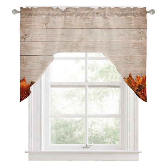 Fall Leaves Swag Valance for Windows, Rustic Orange Maple Oak Leaf Pinecone Wood Grain Swag Curtains Valances for Small Window Treatment Rod Pocket for Kitchen Bathroom 1 Panel 56x36in