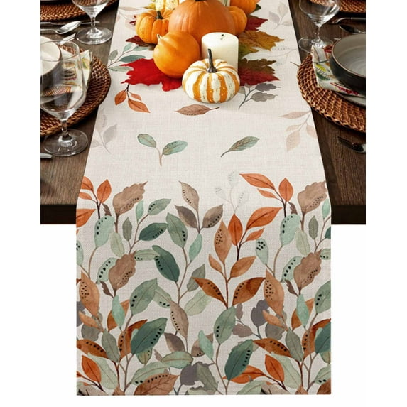 Fall Leaves Table Runner-Cotton Linen- 72 Inch Holiday Dresser Scarves, Vintage Orange Green Autumn Eucalyptus Tablerunner for Kitchen Coffee/Dining Bedroom Home Living Room Dinner Scarf Décor 13x72