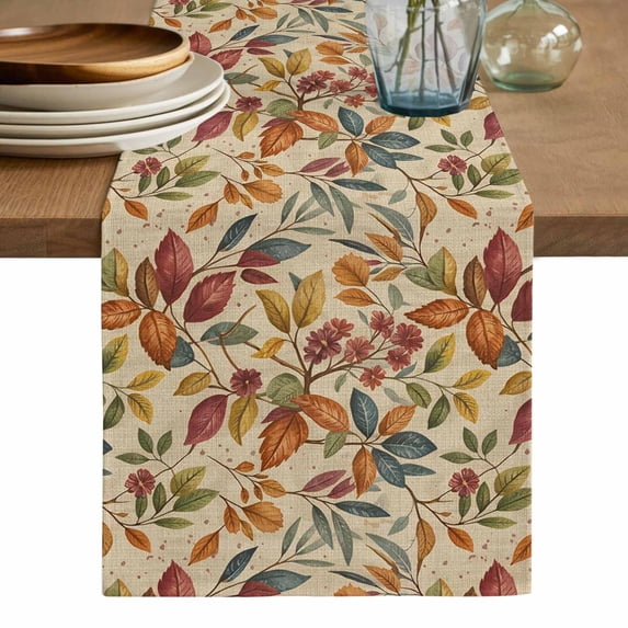 Fall Leaves Table Runner, Farmhouse Beige Botanical Leaf Autumn ...