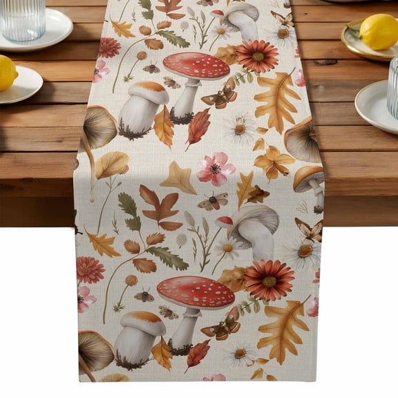 Fall Leaves Table Runner, Red Brown Mushrooms Maple Leaf Pants Retro Linen Washable Kitchen Table Runners Dress Scarves for Dining Table Decorations Party, 13x120in