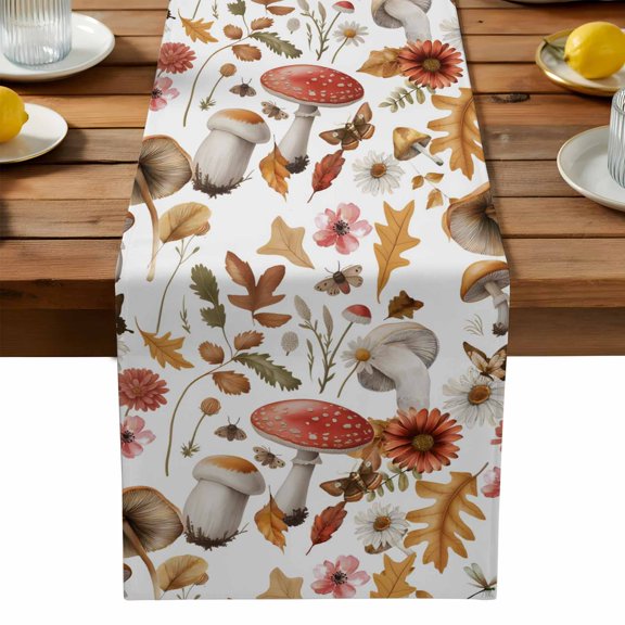 Fall Leaves Table Runner, Red Brown Mushrooms Maple Leaf Retro Pants Washable Kitchen Table Runners Dress Scarves for Dining Table Decorations Party, 13x120in