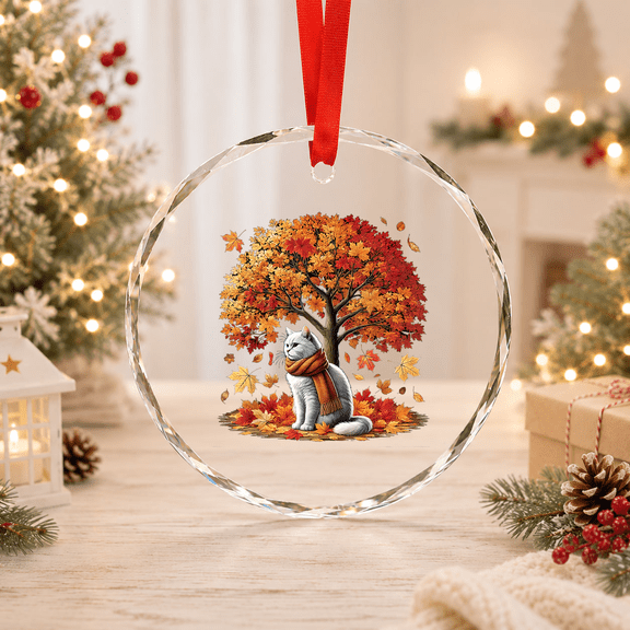 Fall Leaves Thanksgiving Cat Tree Hello Autumn Glass Ornament