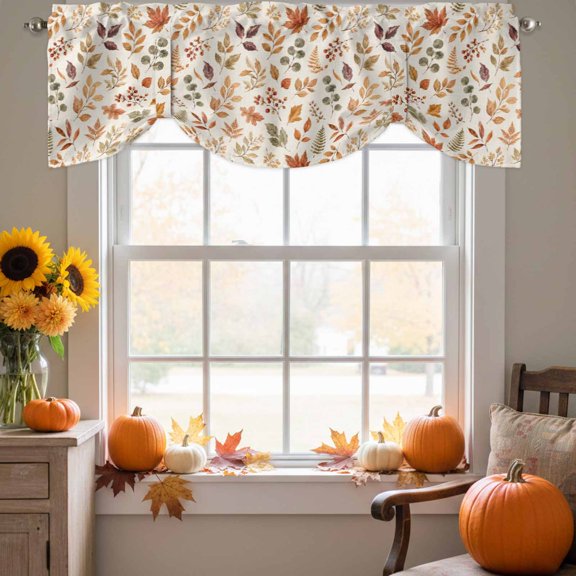 Fall Leaves Tie Up Valance for Windows, Rustic Brown Green Orange Oak Leaves Maple Foliage Adjustable Rod Pocket Tie Up Valance Curtains Window Treatment for Kitchen Bathroom Bedroom 42 X 12 Inch