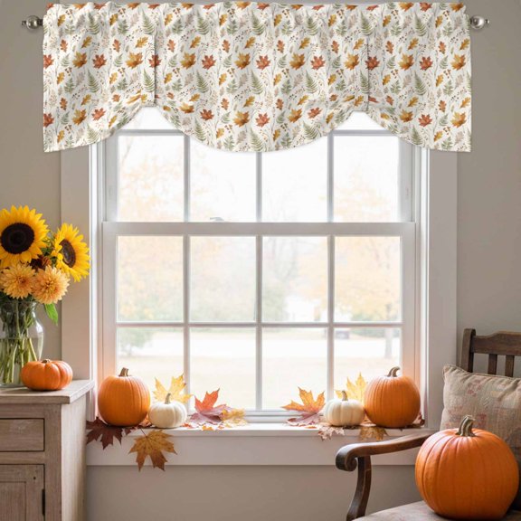 Fall Leaves Tie Up Valance for Windows, Rustic Farmhouse Orange Maple Oak Fern Frond Leaf Adjustable Rod Pocket Tie Up Valance Curtains Window Treatment for Kitchen Bathroom Bedroom 42 X 12 Inch