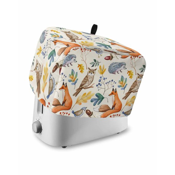 Fall Leaves Toaster Cover 4 Slice, Large Kitchen Appliance Covers, Autumn Thanksgiving Fox Hedgehog Owl Retro Toaster Oven Cover with Loop, Bread Machine Cover Polyester Dust Cover Protection