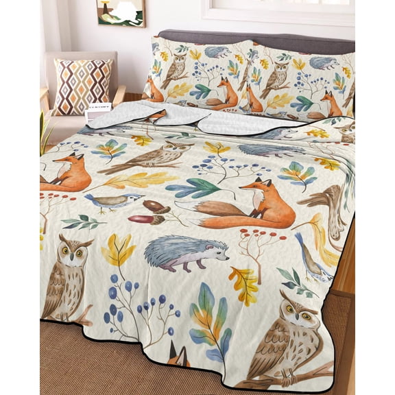 Fall Leaves Twin Size Down Alternative Comforter, Lightweight Comforter Quilt Bedding Set with Pillow Shams Autumn Thanksgiving Fox Hedgehog Owl Retro All Seasons Bed Comforter Duvet Insert 68"x86"