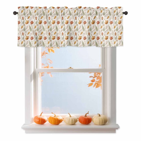 Fall Leaves Valances for Windows, Rustic Farmhouse Orange Maple Oak Fern Frond Leaf Rod Pocket Valance Short Window Treatments Curtains for Kitchen Bathroom Bedroom Decor, 42 x 12 Inches