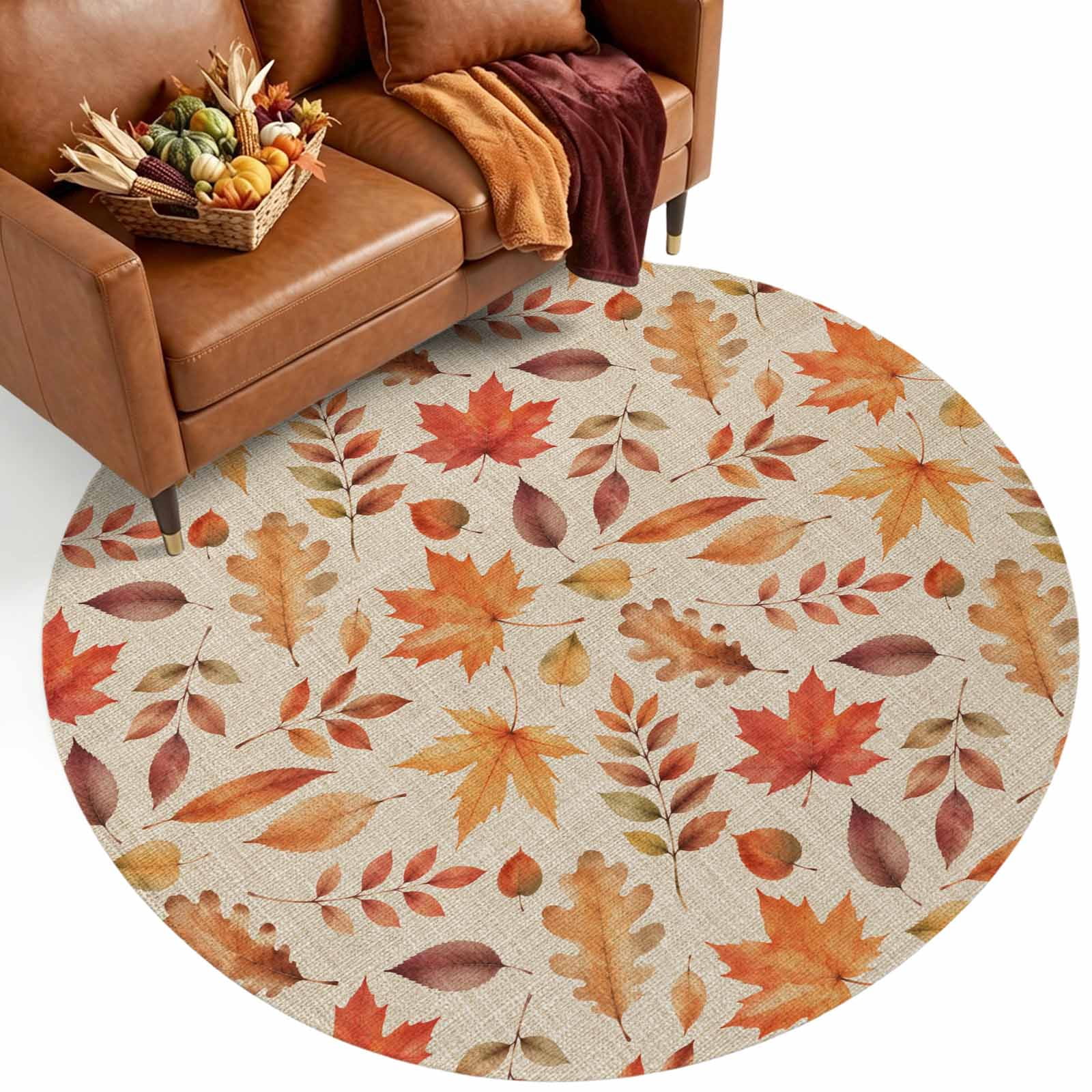 Rustic Round Area Rugs Fall Leaves Washable Round Area Rug 4 ft, Rustic Orange Maple Oak Leaf ...