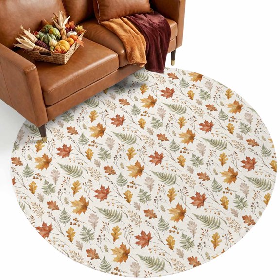 Fall Leaves Washable Round Area Rug 8 ft, Rustic Farmhouse Orange Maple Oak Fern Frond Leaf Soft Non‑Slip Rugs Stain Repellent Indoor Mats for Oversized Living‑Room, Big Circular Dining Area