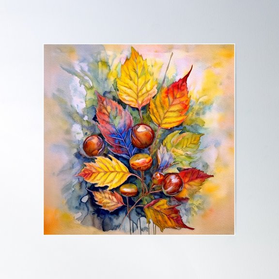 Fall Leaves Watercolour Poster Wall Art, Modern Wall Decor For Living Room Bedroom, 24x24 UNFRAMED