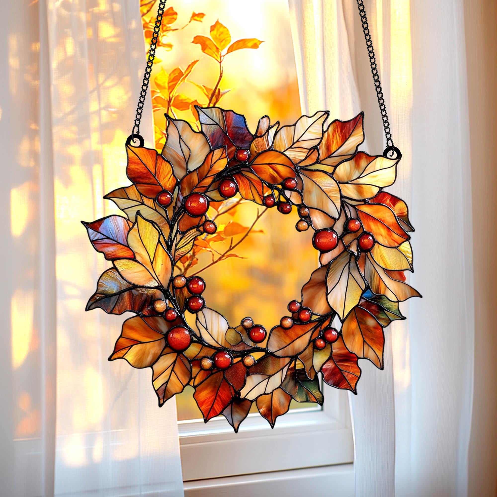 Fall Leaves Wreath Acrylic Window Hanging, Autumn Harvest Faux