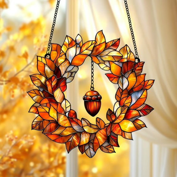 Fall Leaves Wreath Acrylic Window Hanging Vibrant Harvest Faux Stained Glass Suncatcher With Acorn Charm, Seasonal Rustic Gift Idea