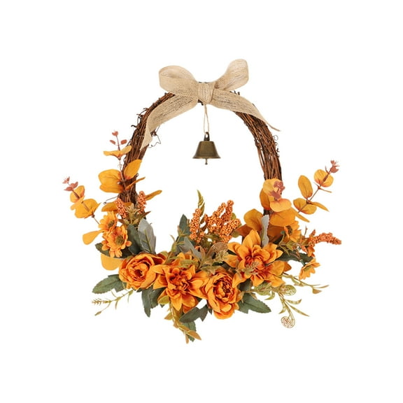 Fall Leaves Wreaths Fall Half Wreath with Bell Artificial Falls Sunflowers Wreath, for Thanksgiving Window Home Wall Farmhouse Outdoor Indoor Decor, 14in