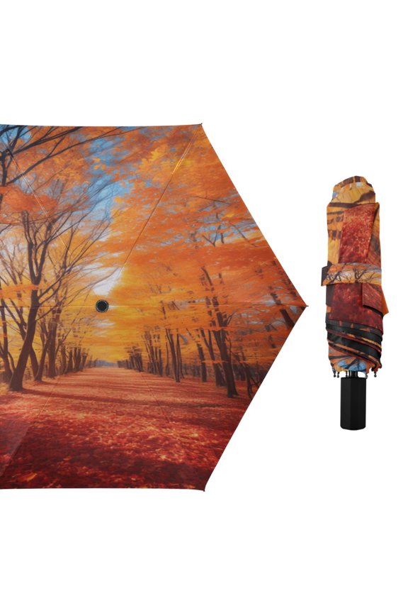 Fall Leaves with Forest Compact Sun Umbrella Windproof Travel Umbrellas for Rain Strong Portable UV Protection