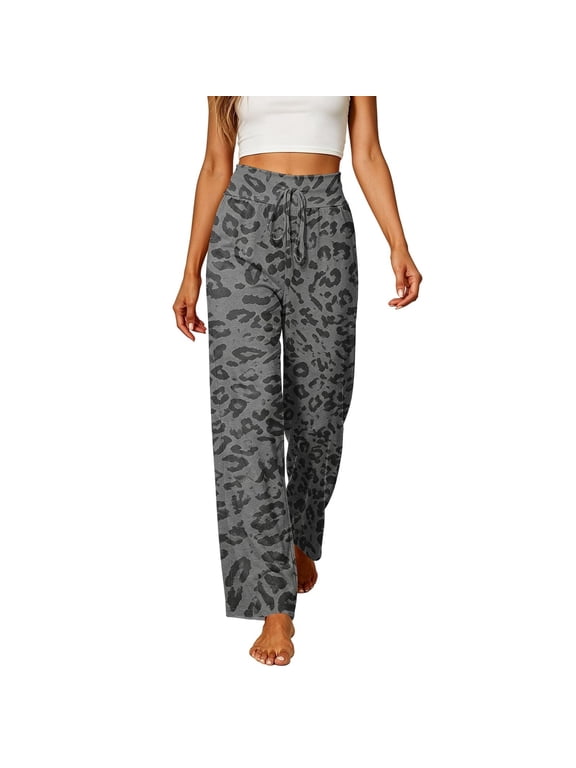 Fall Leopard Wide Leg Pants for Women Elastic Waist Petite Lounge Pants High Waisted Drawstring Straight Leg Loose Pants Camo,Comfy Casual Palazzo Outfits Office Pants for Women