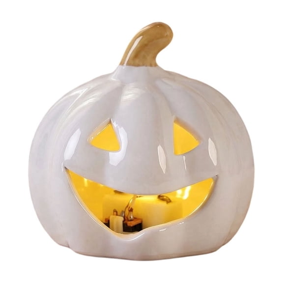 Fall Light Up Ceramic Pumpkin Tabletop Decor, Led Warm Flameless Light Drop Fade Resistant Hollow Carved Figurine for Mantel Window Covered Porch Halloween Thanksgiving Party Holiday Gift,White